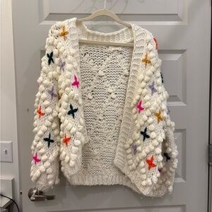 Anthropologie White Cardigan with Colorful Star Accents